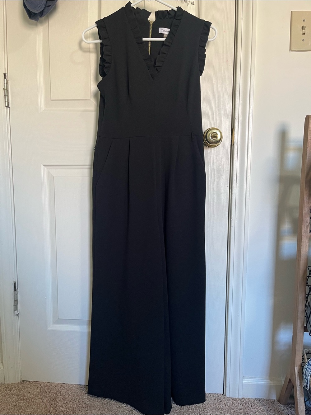 Calvin Klein Black Sleeveless Ruffle V-Neck Jumpsuit